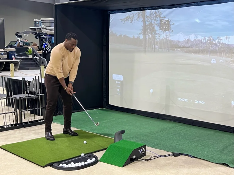Rent a golf simulator in Boston — HD course sim, launch monitor, hitting mat, and screen enclosure