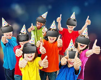 Kids in VR headsets having a party in Los Angeles