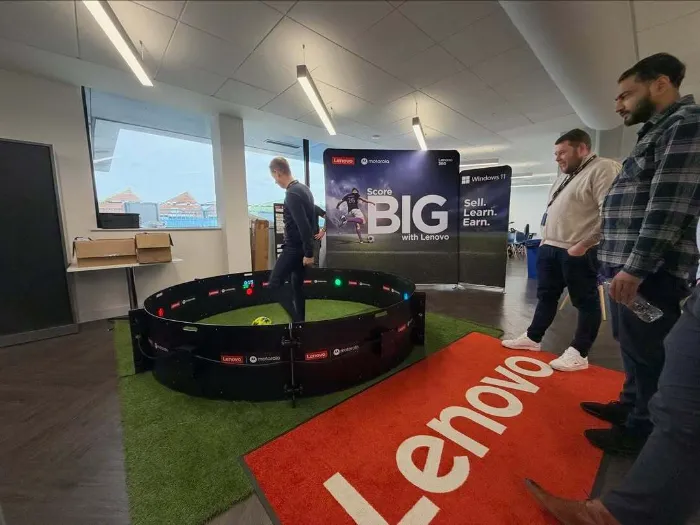 Interactive 360 soccer reaction game rental with LED targets and live scoring
