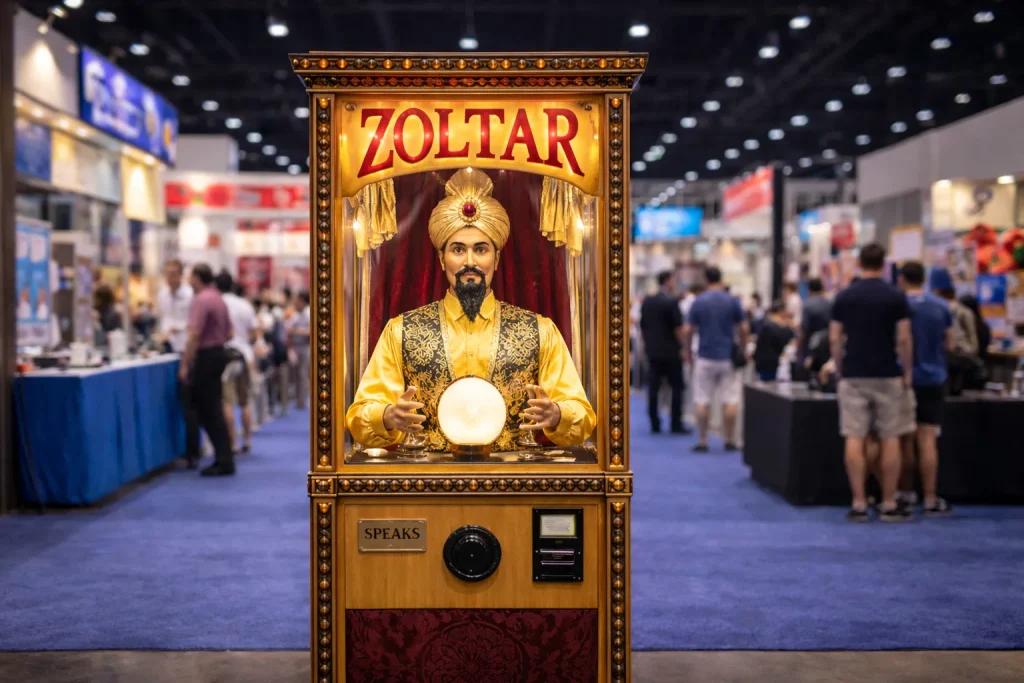 Los Virtuality zoltar fortune telling machine rental at a trade show