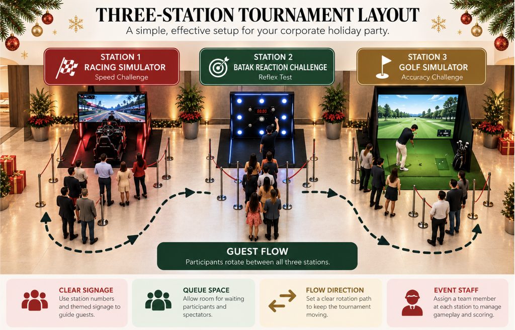 Corporate Holiday Party Games: How to Organize an Interactive Tournament 2 three station tournament layout corporate events 1