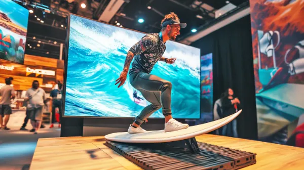 Guest balancing on a surf simulator board