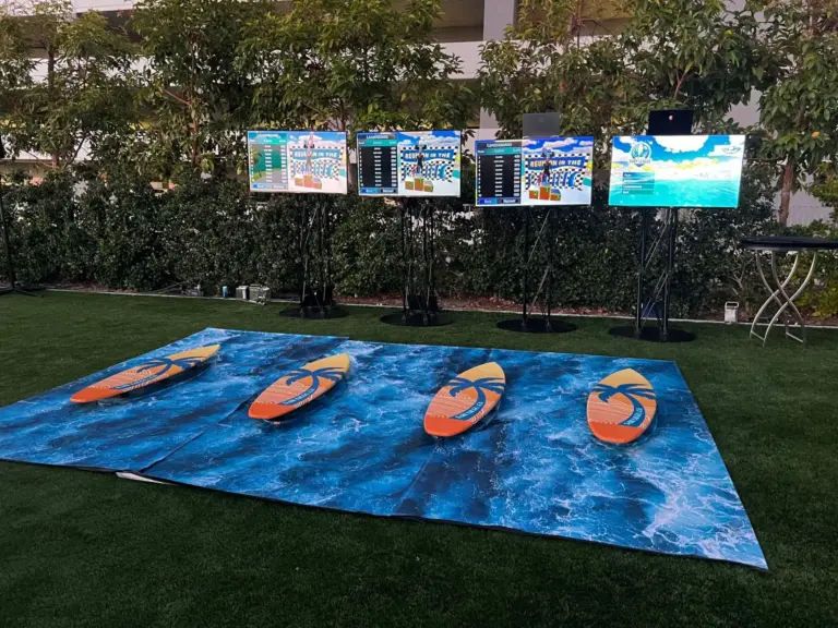 Four surf simulators with live leaderboard screens at Gaylord Pacific Resort, San Diego