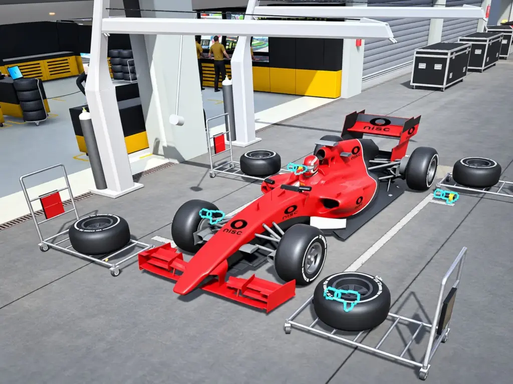 In-game view of the VR pit stop challenge: a red F1-style race car with the NISC logo on its body in a virtual pit lane, built for NISC Member Information Conference 2026