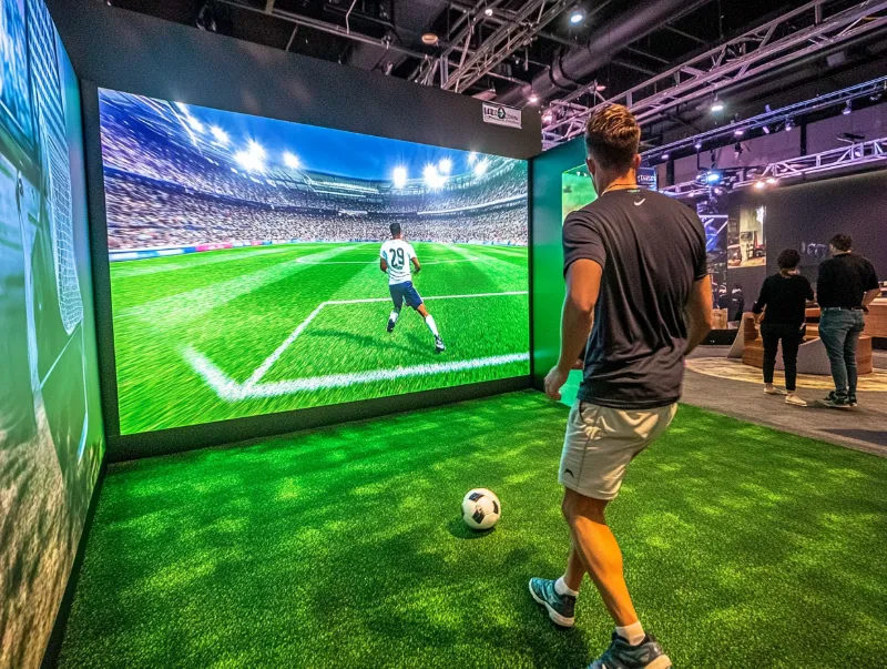 Soccer simulator at a trade show with players kicking at the big screen
