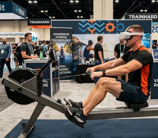 Guest rowing on a VR rowing simulator rental at a trade show booth