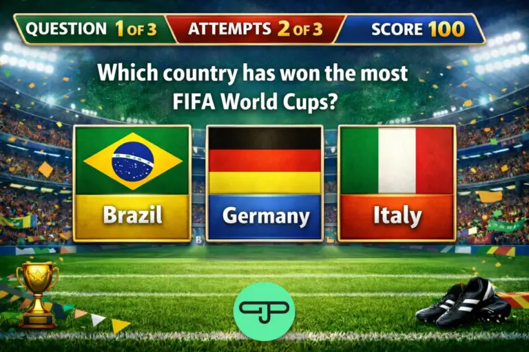 Goal Shot Trivia Challenge screen asking a World Cup soccer question with three country answers
