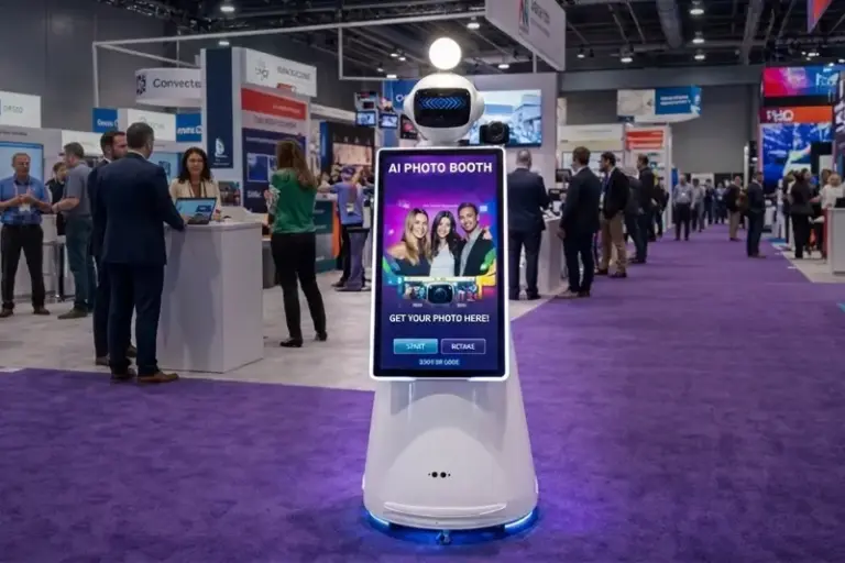 AI photo booth rental with a robot-style kiosk showing guest photos on a busy trade show floor
