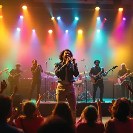 Singer performing with a full live band karaoke setup on a colorfully lit stage