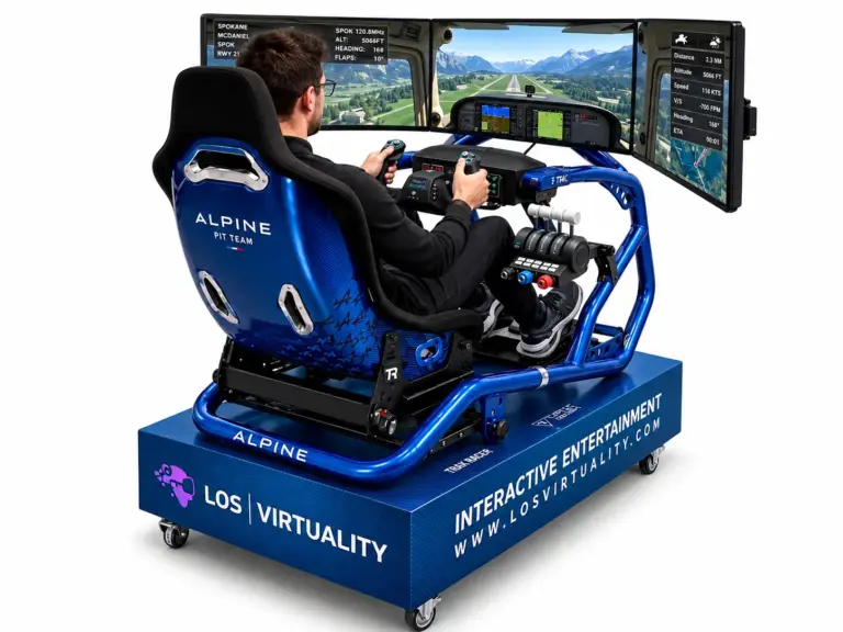 Flight simulator rental with a motion cockpit seat, flight controls and three screens