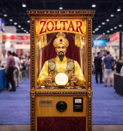 Zoltar fortune telling machine rental on a busy trade show floor