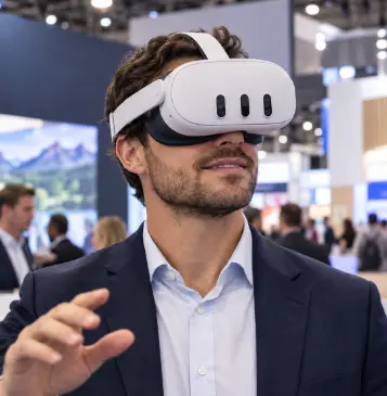 Guest wearing a VR headset at a virtual reality rental on a trade show floor