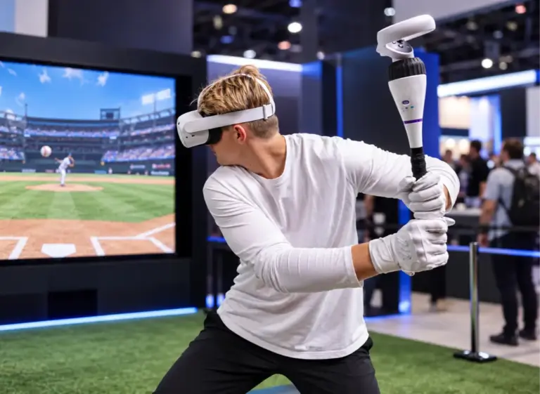 Guest in a VR headset swinging a bat in the Home Run Derby VR baseball simulator