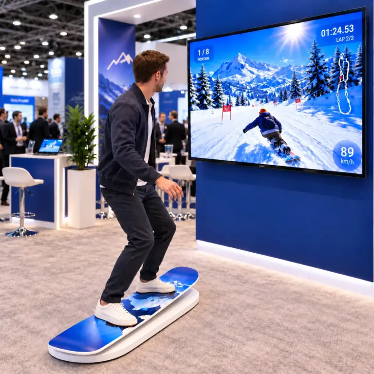 Guest riding a snowboard simulator rental at a trade show booth with a mountain run on screen