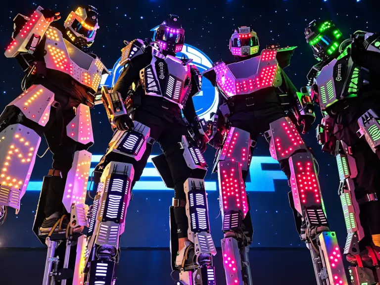 LED party robot dancers in light-up costumes performing at an event