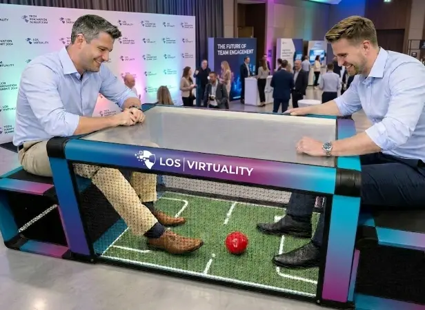 Two guests playing a bench soccer game rental at a trade show booth