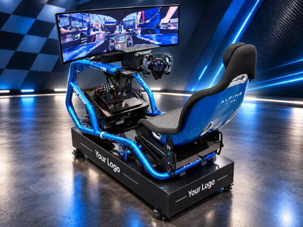 Racing simulator rental with a motion seat, steering wheel and three curved screens